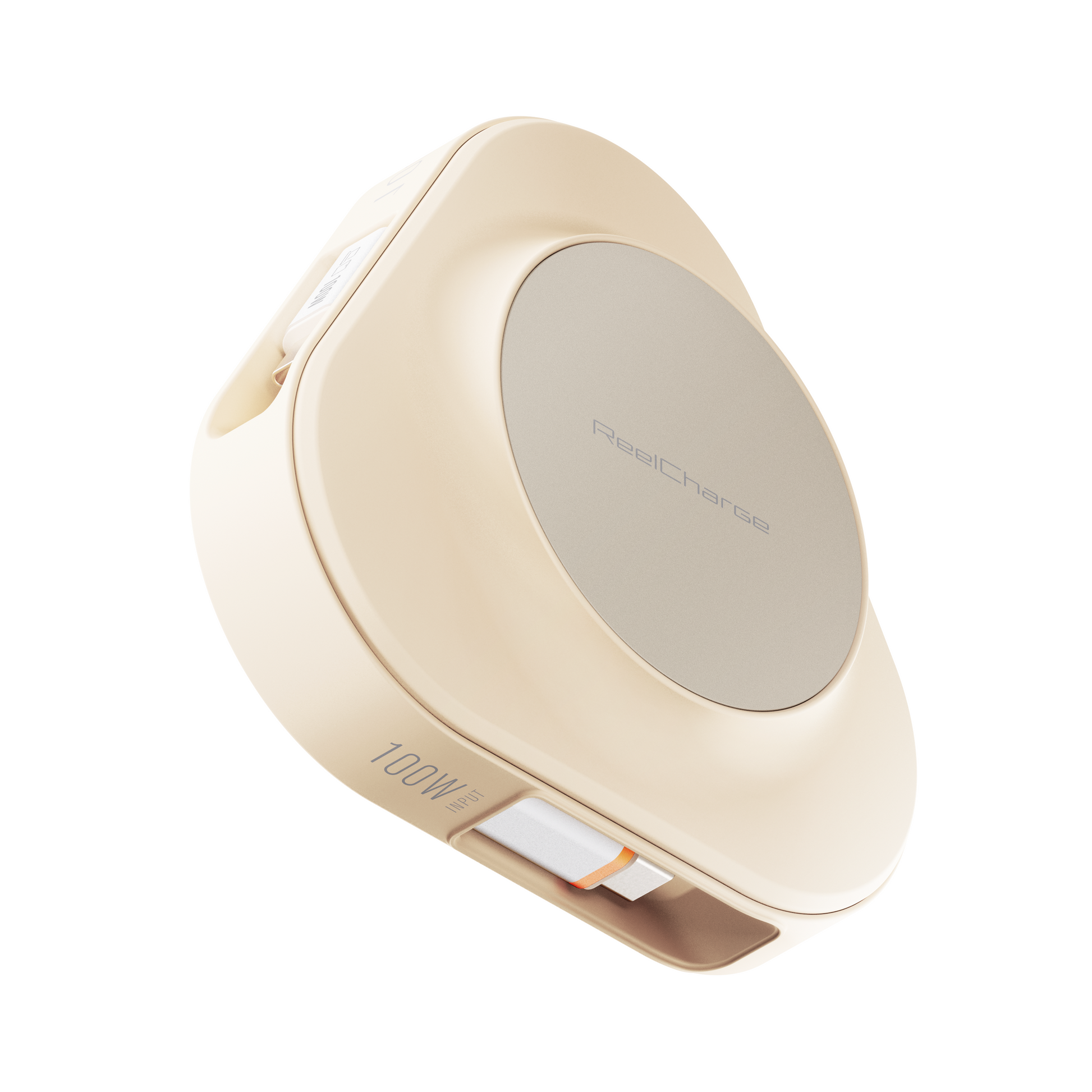 Top angle of the sand ReelCharge 100W power station showing the 25W wireless charging pad
