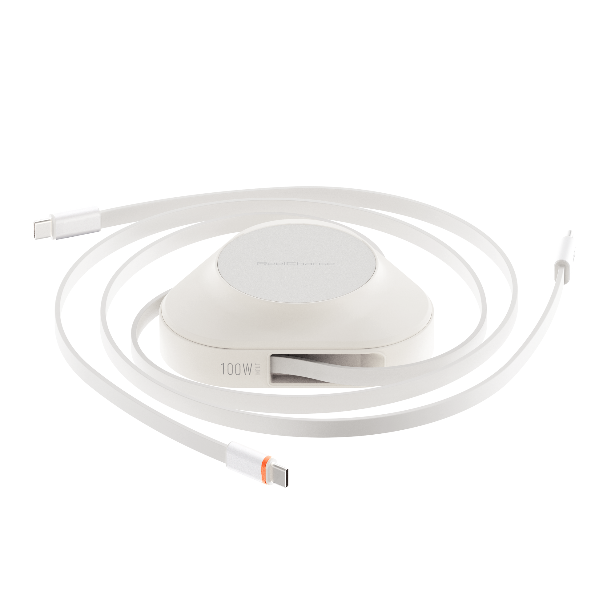 White ReelCharge 100W power station with the retractable USB-C cable fully extended and coiled
