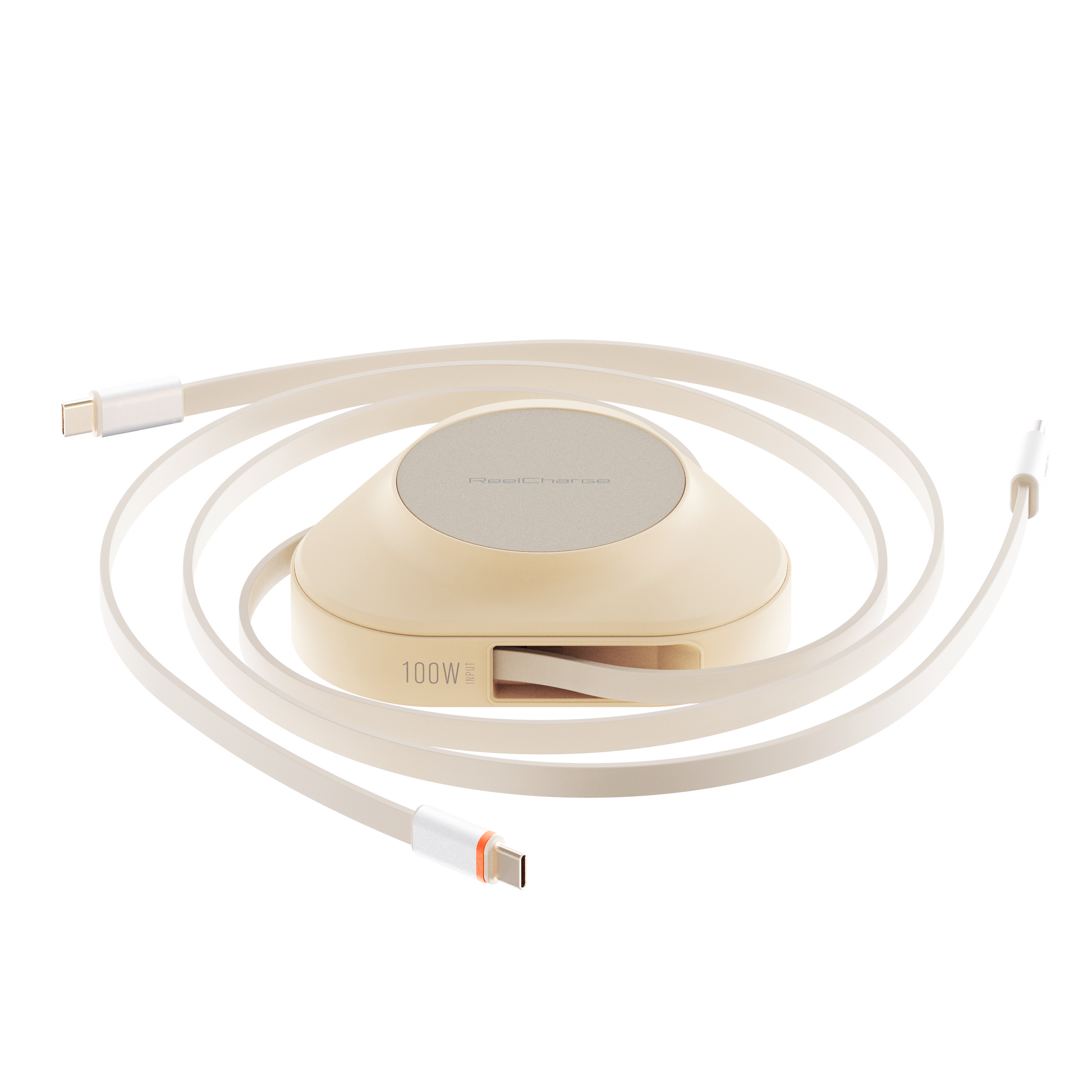 ReelCharge 3-in-1 wireless 100W power station in sand with its retractable USB-C cable coiled
