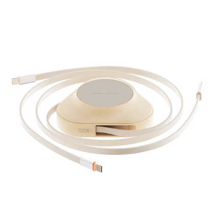 ReelCharge 3-in-1 wireless 100W power station in sand with its retractable USB-C cable coiled