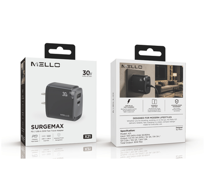 Mello SurgeMax X21 30W Wall Charger – USB-C + USB-A Travel Charger