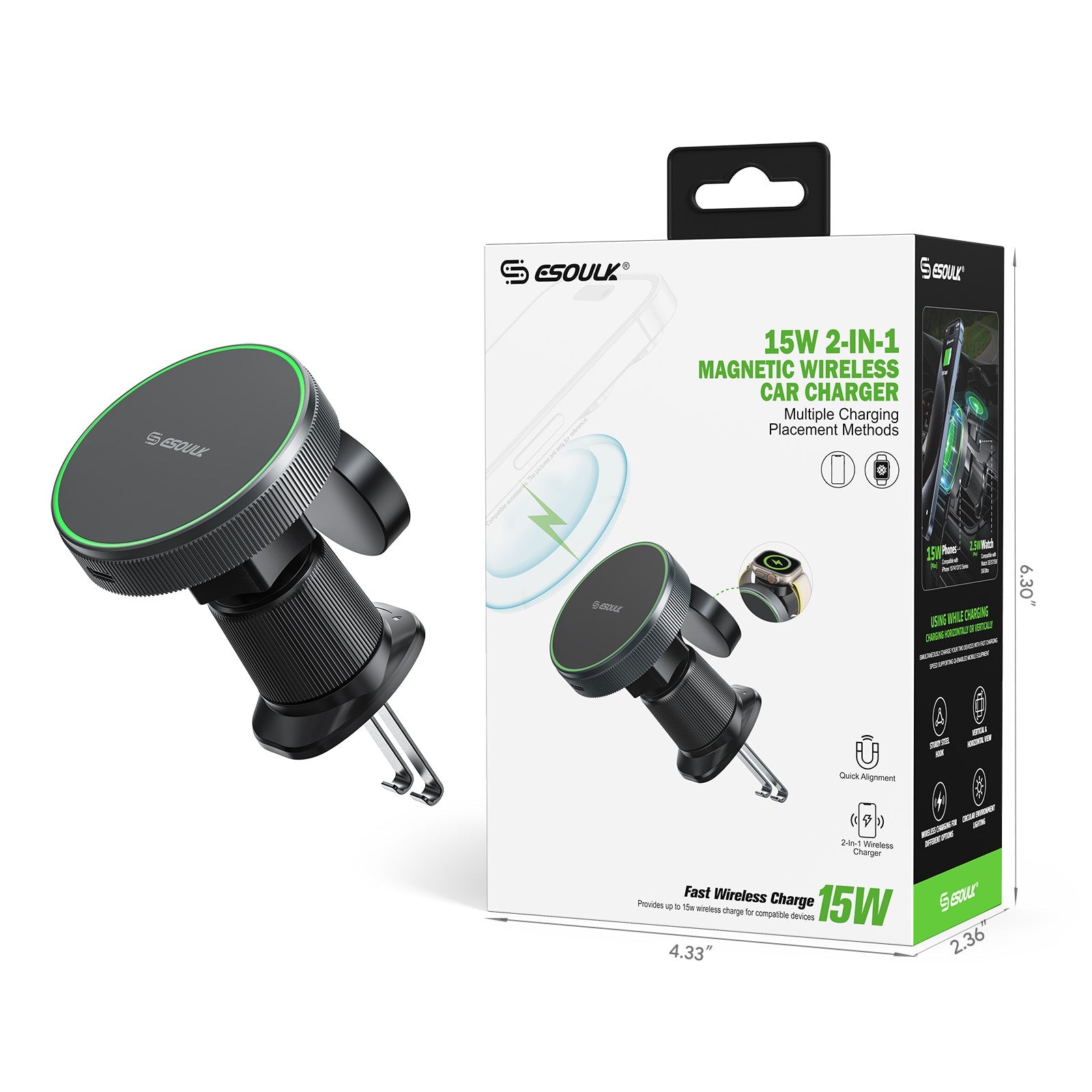 ESOULK 15W 2-in-1 magnetic wireless car charger and air vent mount – in-use view