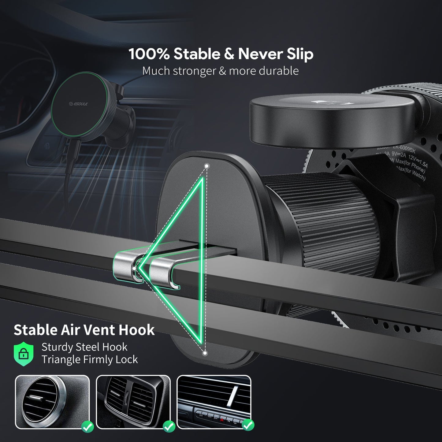 ESOULK 15W 2-in-1 magnetic wireless car charger and air vent mount – angle view