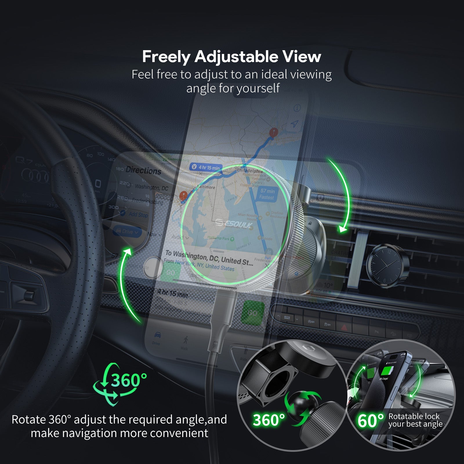 ESOULK 15W 2-in-1 magnetic wireless car charger and air vent mount – close-up