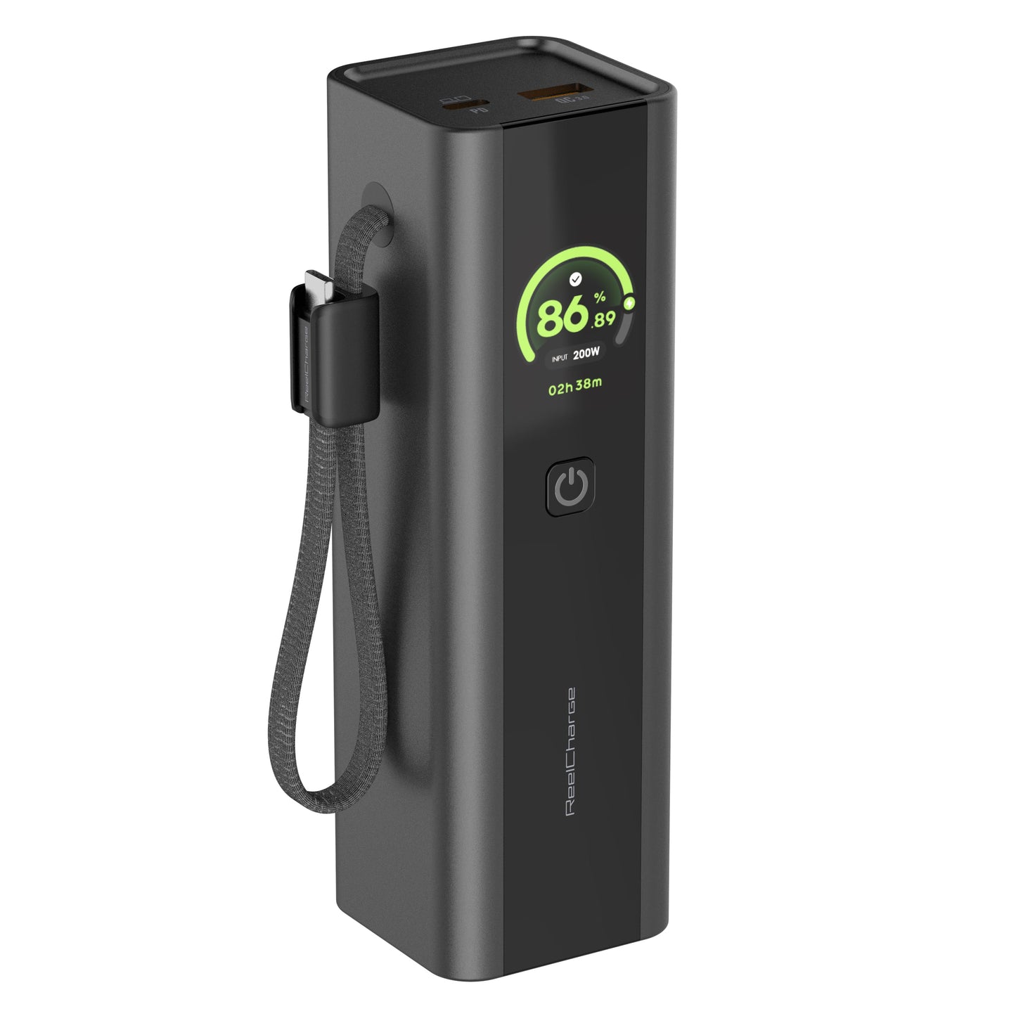 Angled view of the black ReelPro 200W 27,000 mAh power bank with its wrist strap