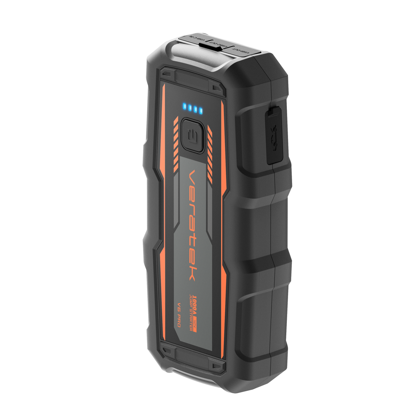Veratek V6 Pro jump starter in black and orange with charge indicator lights