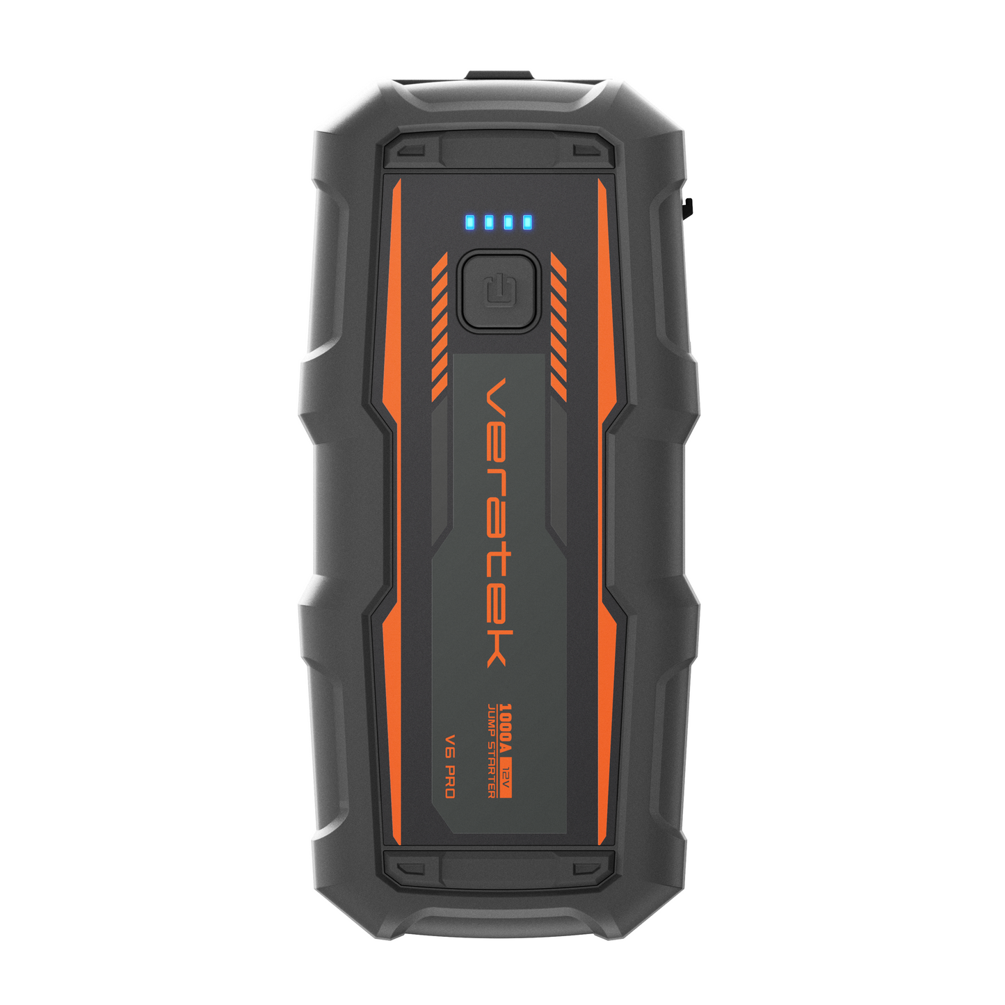 Front view of the Veratek V6 Pro jump starter showing the LED charge indicator bar