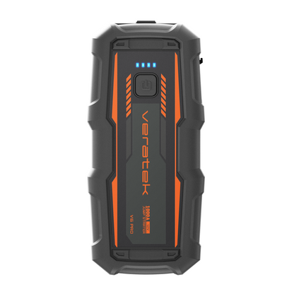 Front view of the Veratek V6 Pro jump starter showing the LED charge indicator bar
