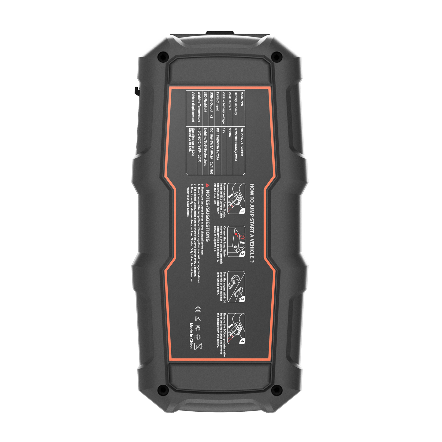 Rear view of the Veratek V6 Pro jump starter showing the instruction label