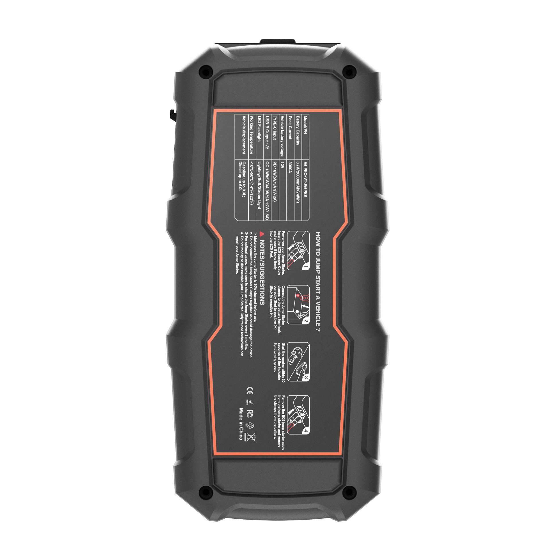 Rear view of the Veratek V6 Pro jump starter showing the instruction label