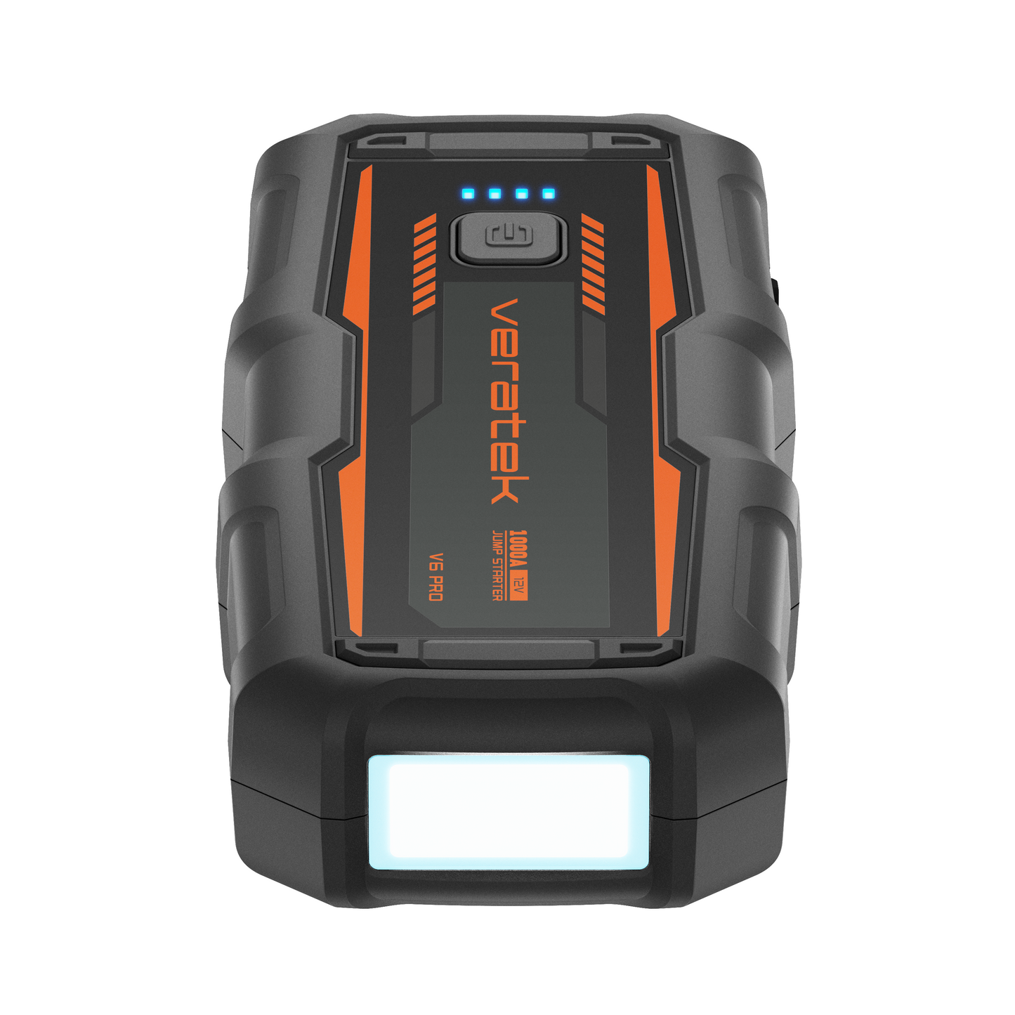 Veratek V6 Pro jump starter shown from the front with the LED flashlight panel illuminated