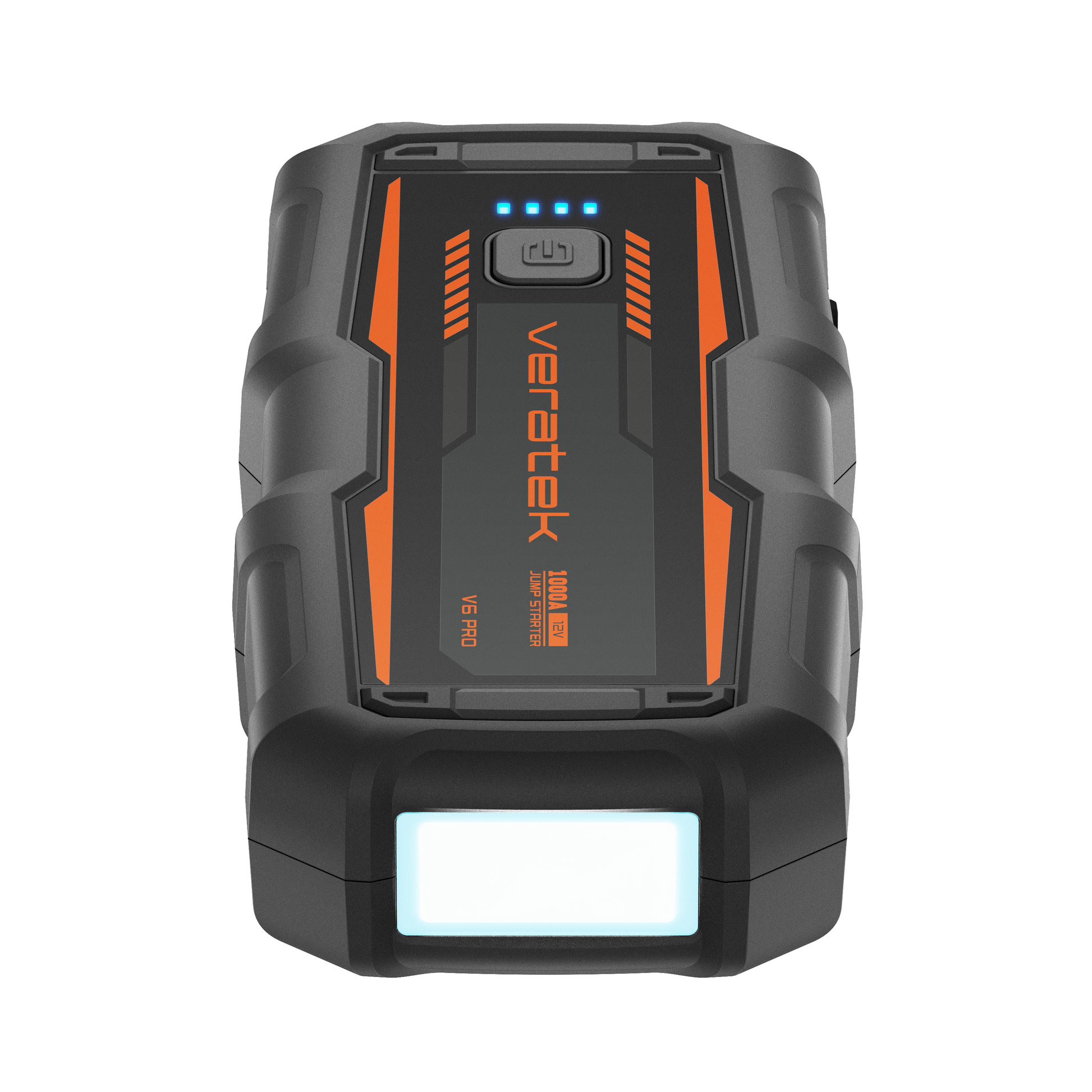 Veratek V6 Pro jump starter shown from the front with the LED flashlight panel illuminated