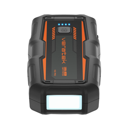 Veratek V6 Pro jump starter shown from the front with the LED flashlight panel illuminated