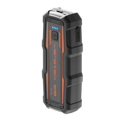 Veratek V8 Pro jump starter in black and orange with charge indicator lights