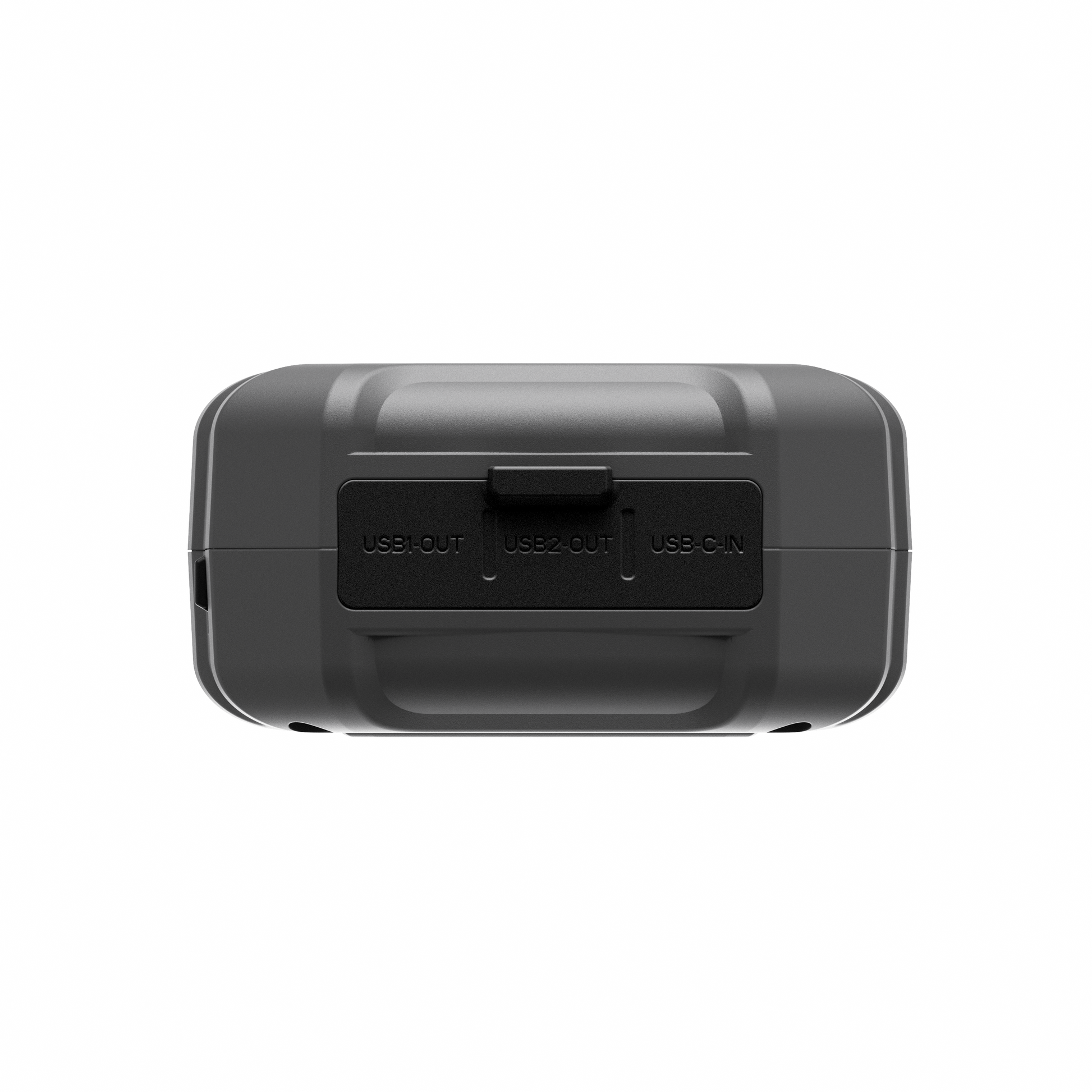 Port panel of the Veratek V8 Pro jump starter showing the USB output and USB input covers