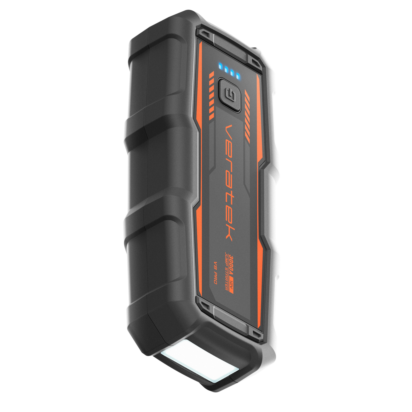 Angled view of the Veratek V8 Pro jump starter showing the built-in LED flashlight