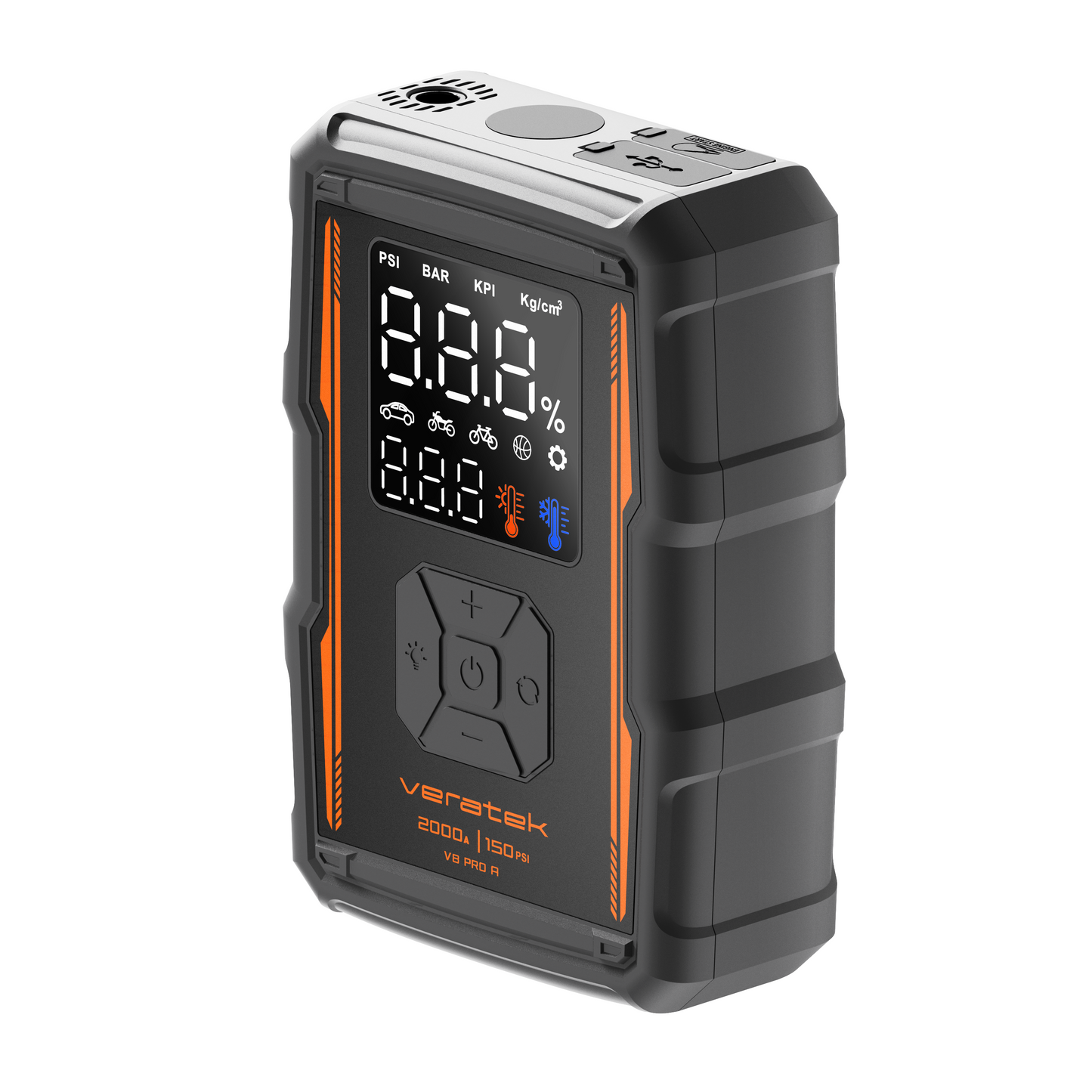 Veratek V8 Pro Air jump starter and air compressor in black and orange with the PSI display and control pad