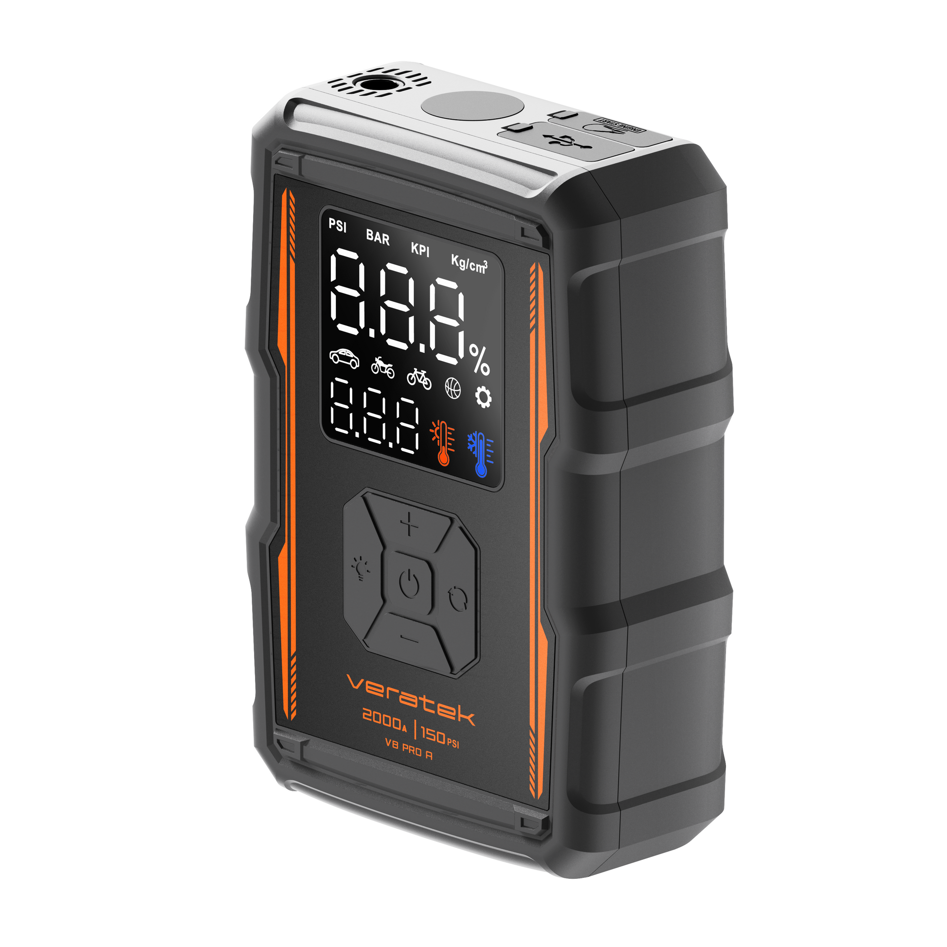 Veratek V8 Pro Air jump starter and air compressor in black and orange with the PSI display and control pad