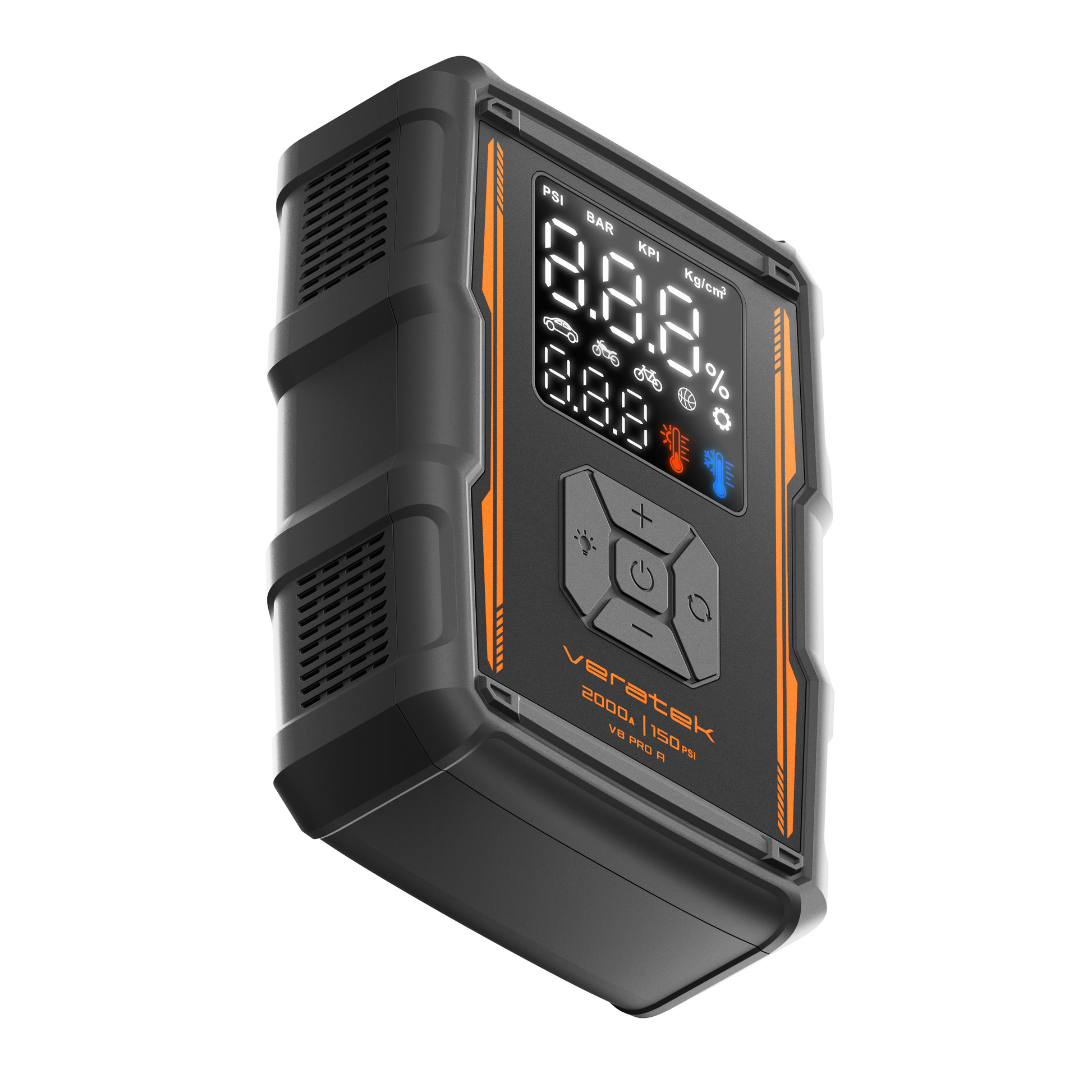 Angled side view of the Veratek V8 Pro Air jump starter with the digital pressure display