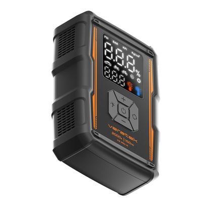 Angled side view of the Veratek V8 Pro Air jump starter with the digital pressure display
