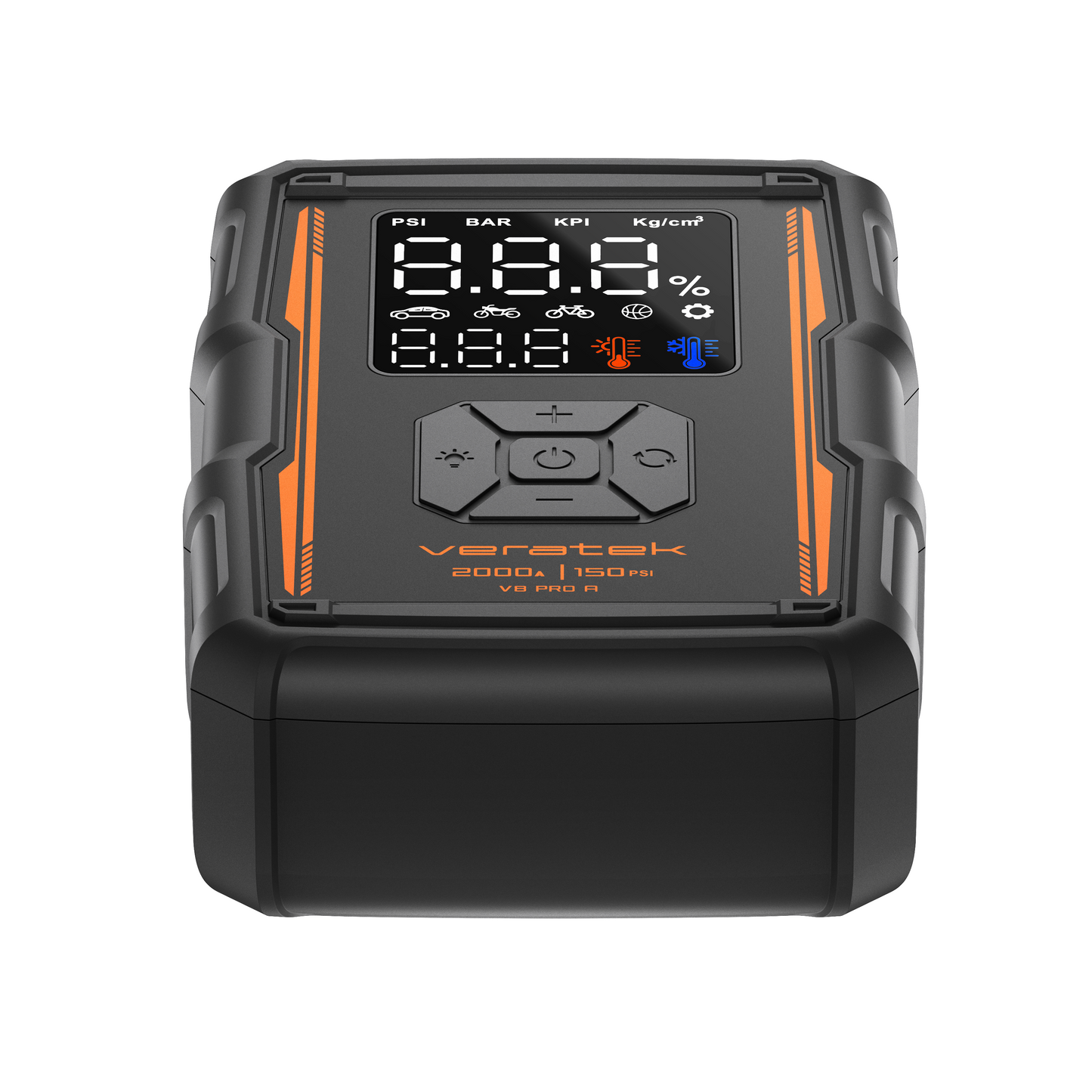 Veratek V8 Pro Air jump starter and tire inflator shown from above with the display and branding