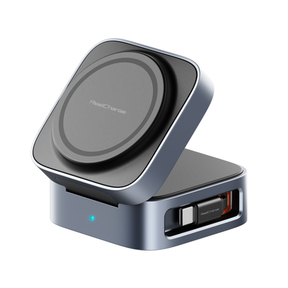 ReelCharge 5-in-1 wireless power station opened with the magnetic charging pad tilted up on its stand