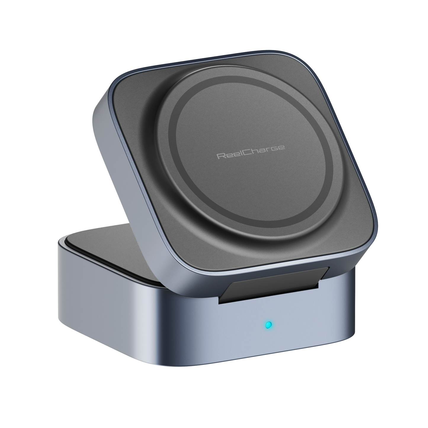 Angled view of the ReelCharge 5-in-1 wireless power station in the open position