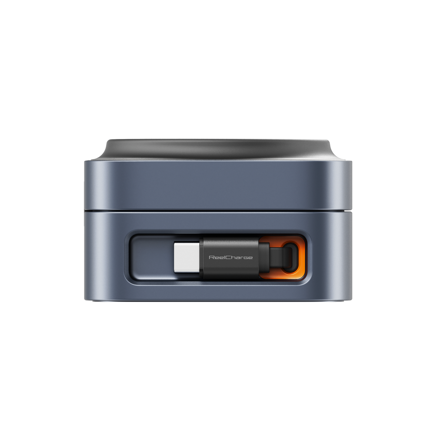 Side view of the folded ReelCharge 5-in-1 power station showing the retractable cable bay