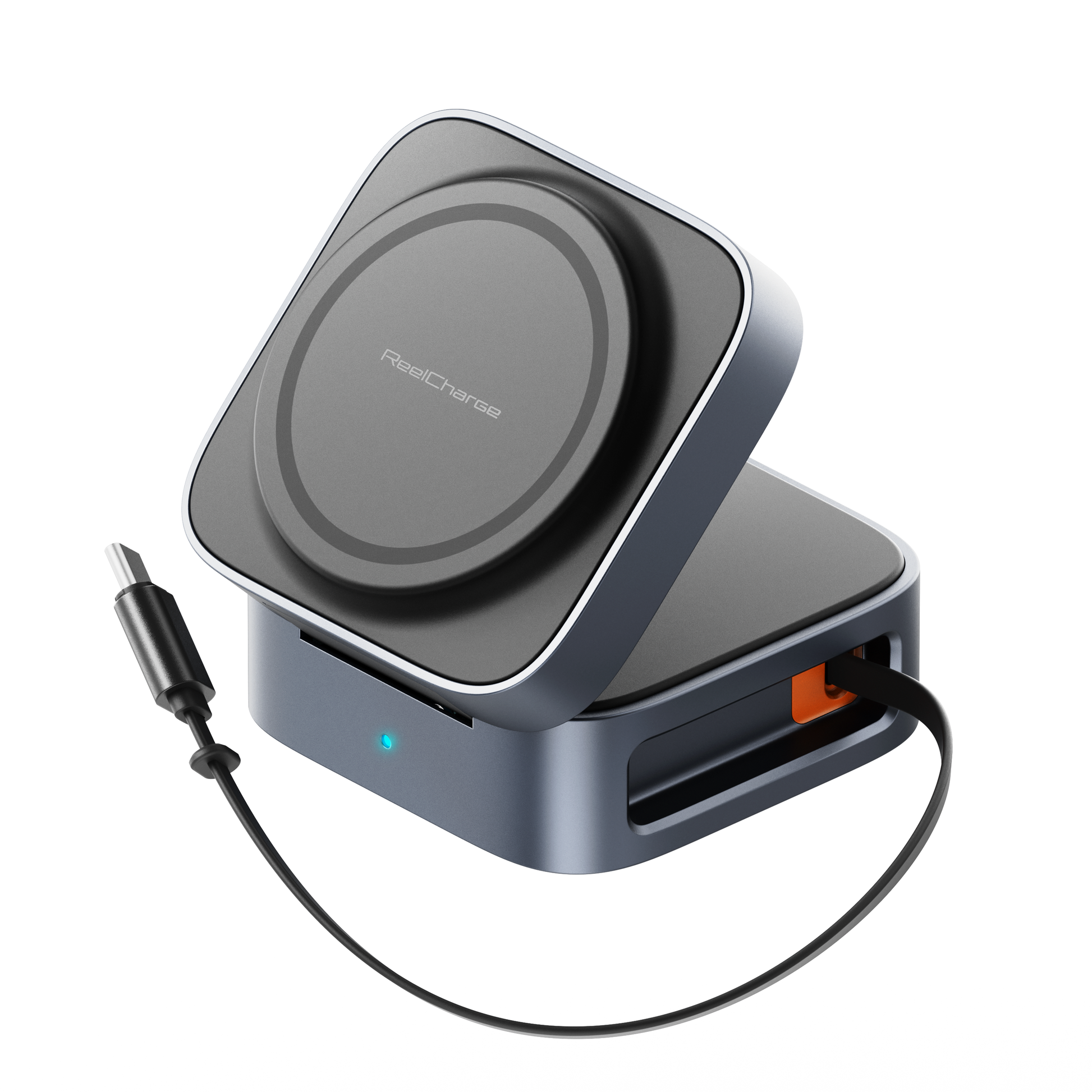 ReelCharge 5-in-1 wireless power station with the retractable USB-C cable pulled out