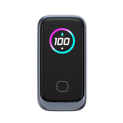 Front view of the ReelCharge 100W smart charger with the TFT display reading 100W
