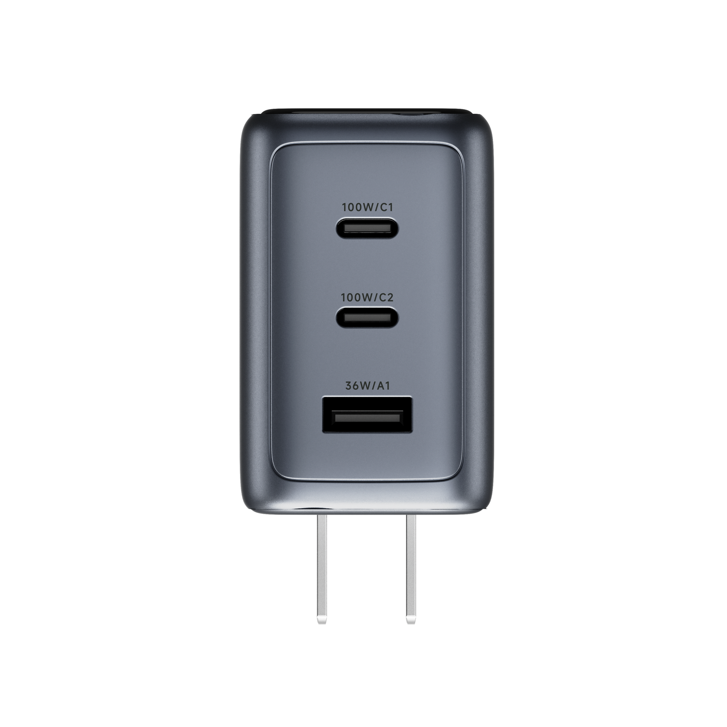 Port face of the ReelCharge 100W charger labeled 100W/C1, 100W/C2 and 36W/A1