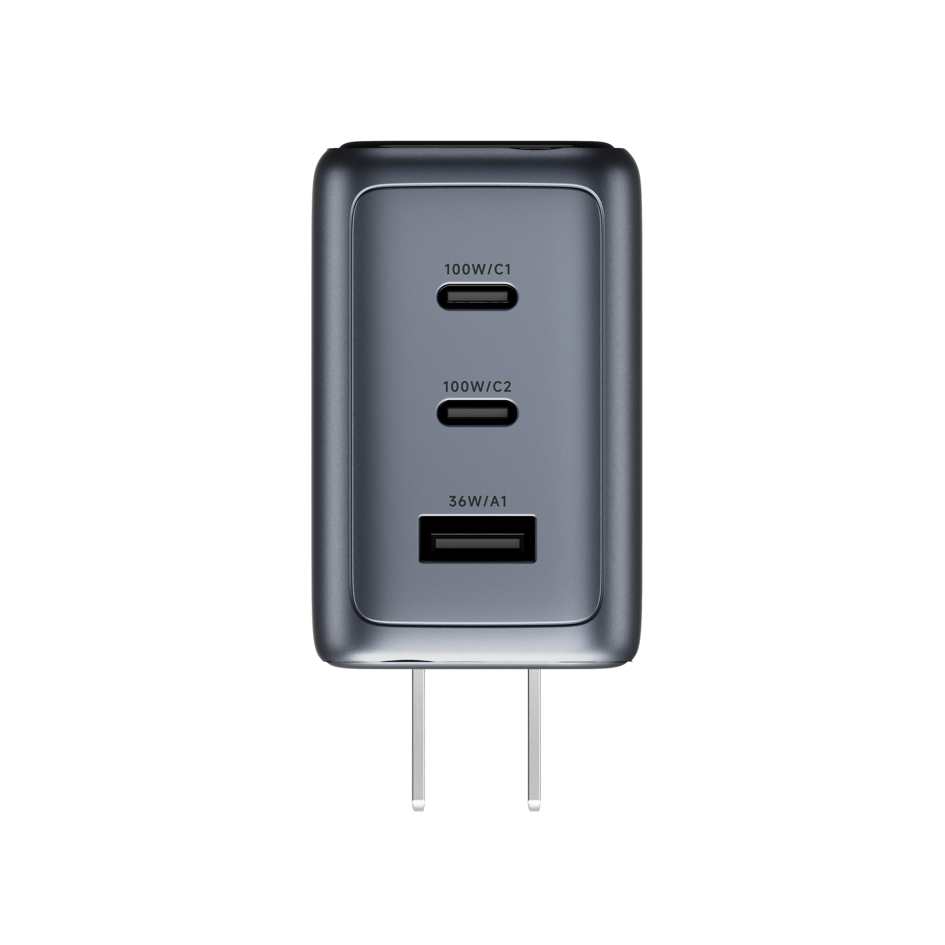 Port face of the ReelCharge 100W charger labeled 100W/C1, 100W/C2 and 36W/A1