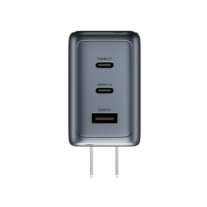 Port face of the ReelCharge 100W charger labeled 100W/C1, 100W/C2 and 36W/A1