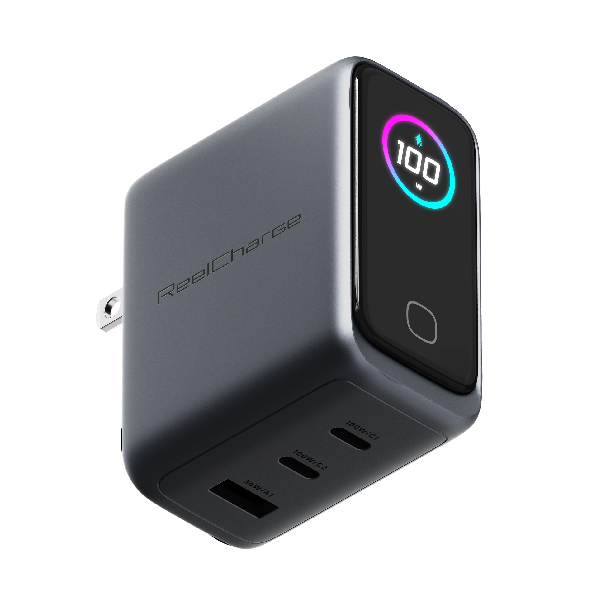ReelCharge 3-in-1 100W laptop charger in gray with a round TFT display and three charging ports