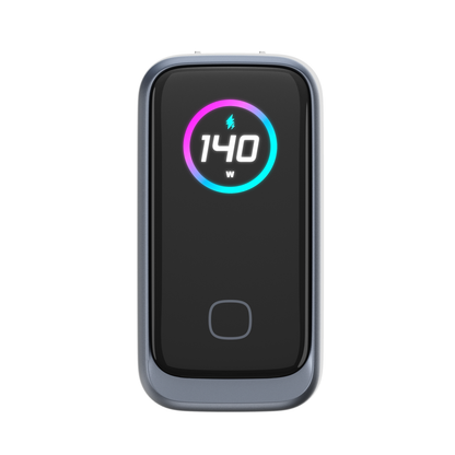 Front view of the ReelCharge 140W smart charger with the TFT display reading 140W
