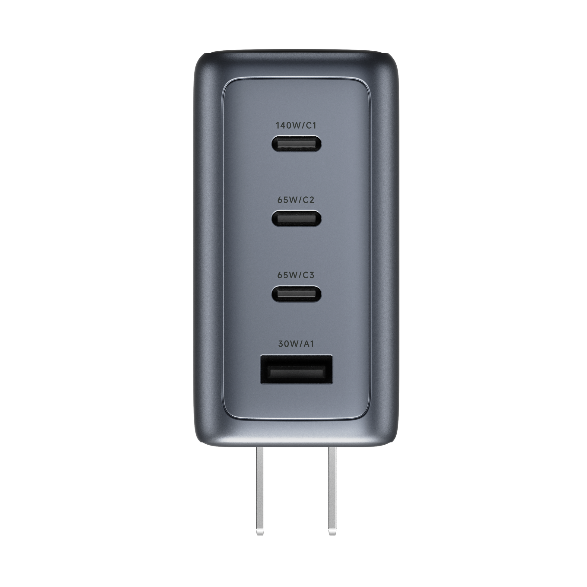 Port face of the ReelCharge 140W charger labeled 140W/C1, 65W/C2, 65W/C3 and 30W/A1