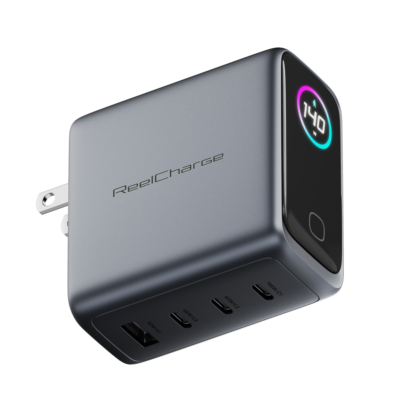 ReelCharge 4-in-1 140W laptop charger in gray with a round TFT display and four charging ports