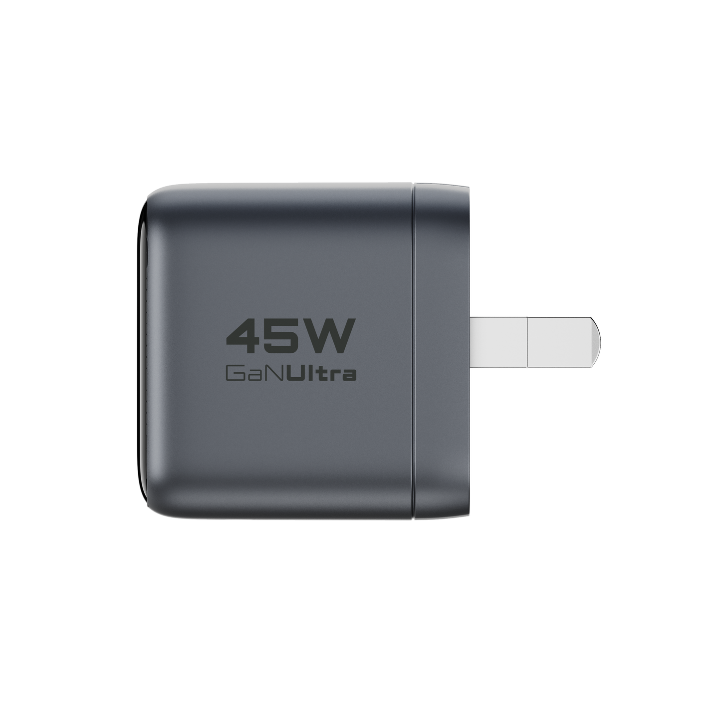 Side view of the gray ReelCharge 45W GaN Ultra wall charger with a prong extended