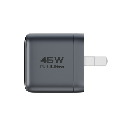 Side view of the gray ReelCharge 45W GaN Ultra wall charger with a prong extended