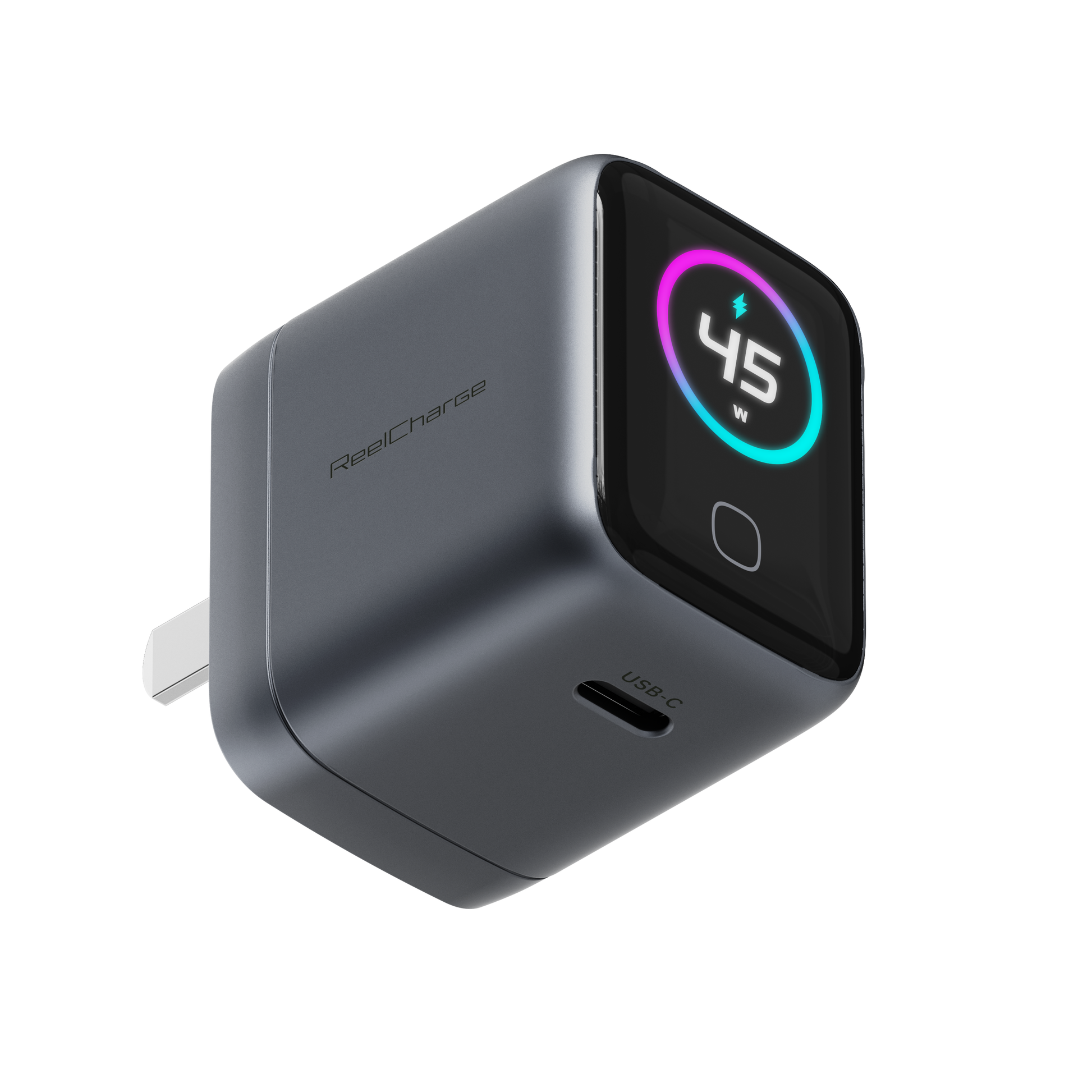 ReelCharge 45W mobile wall charger in gray with a round TFT display, USB-C port and folding prongs