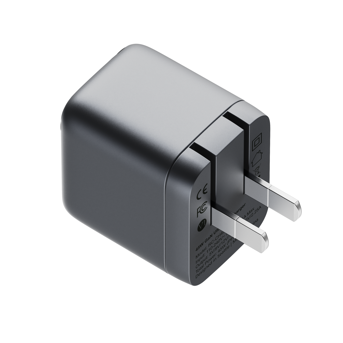 Rear view of the ReelCharge 45W wall charger with the prongs folded flat