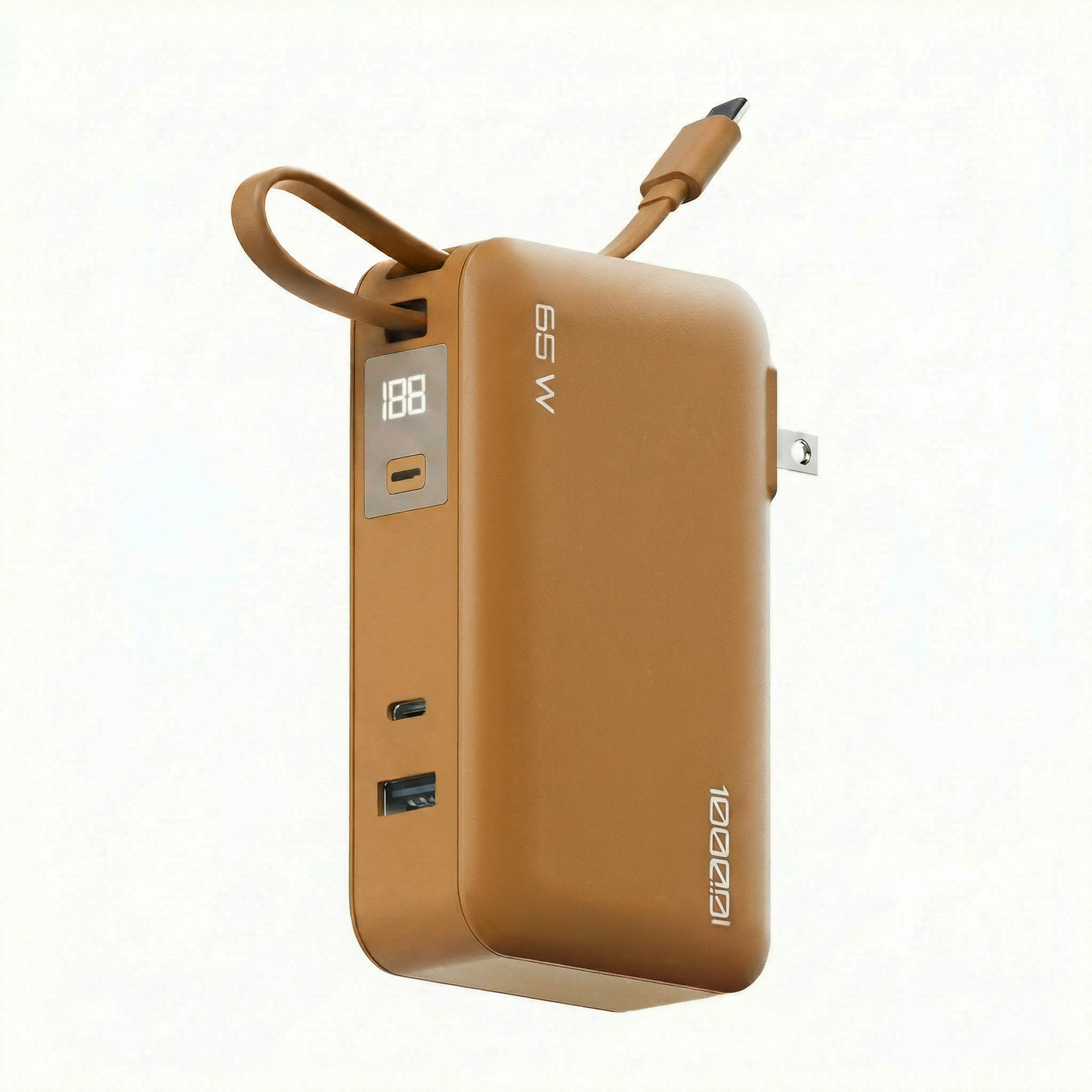 Orange ReelCharge Flex 65W power bank angled with the USB-C wristlet cable raised