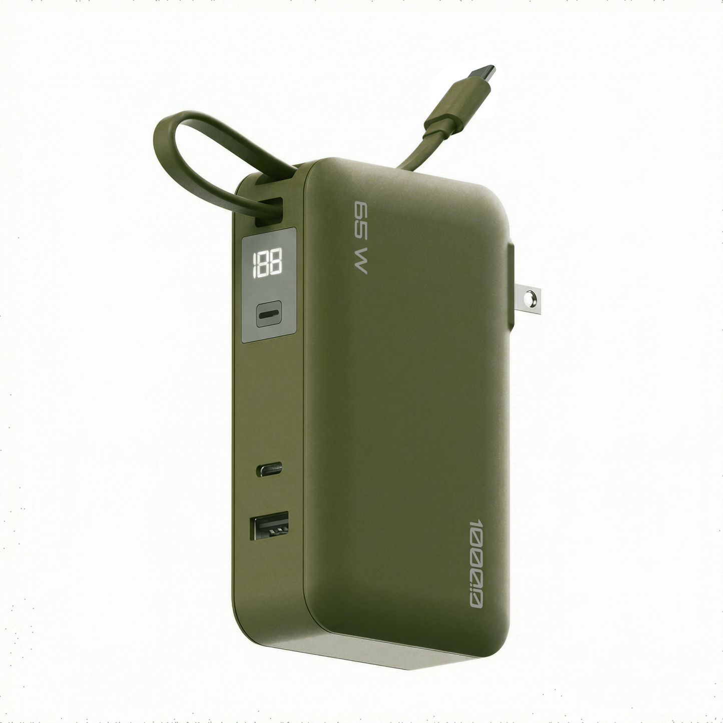 Angled view of the Green Flex 65W 10,000 mAh power bank showing USB-C and USB-A outputs