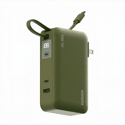 Angled view of the Green Flex 65W 10,000 mAh power bank showing USB-C and USB-A outputs