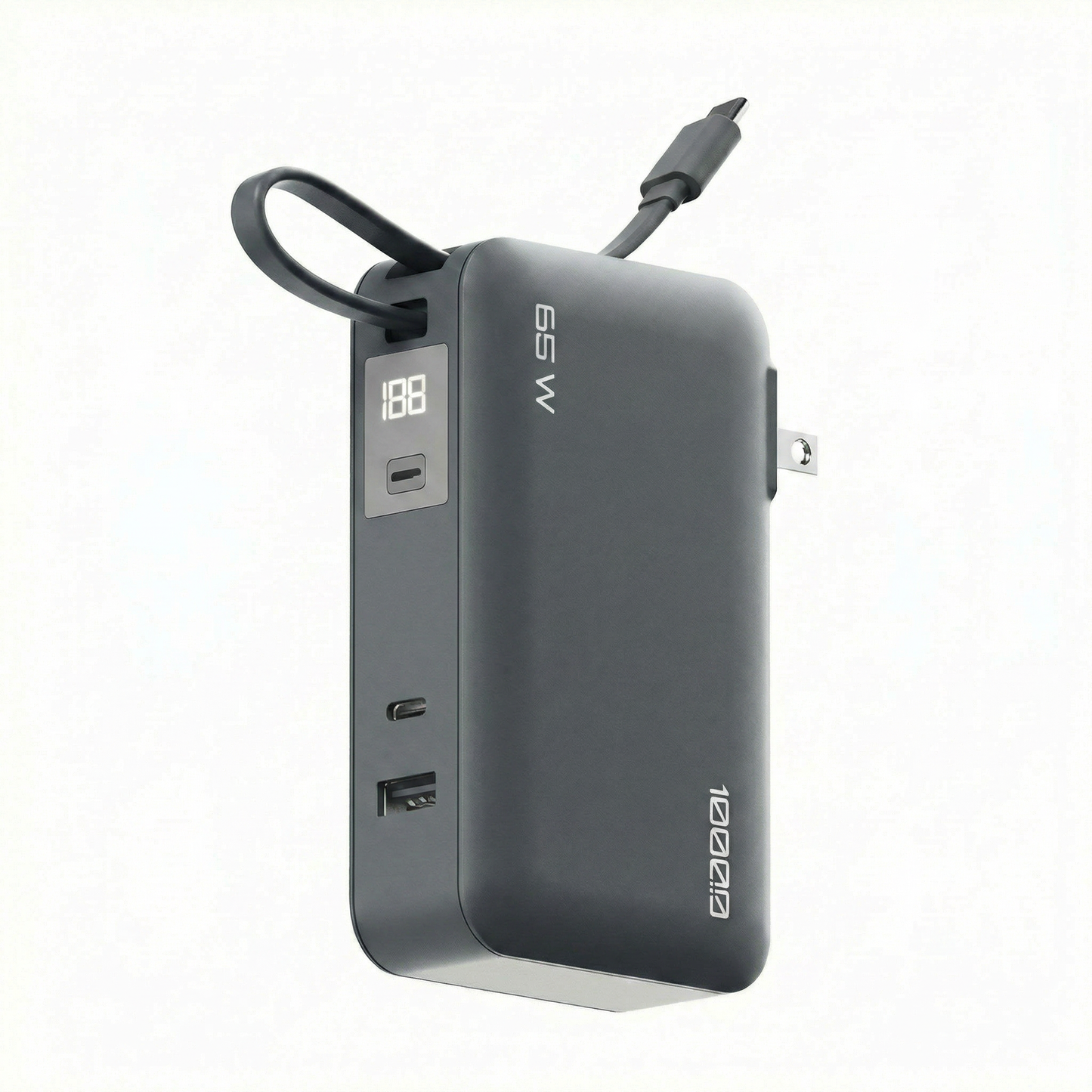 Gray Flex 65W 10,000 mAh power bank angled to show the 65W marking and output ports