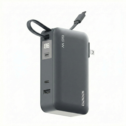 Gray Flex 65W 10,000 mAh power bank angled to show the 65W marking and output ports