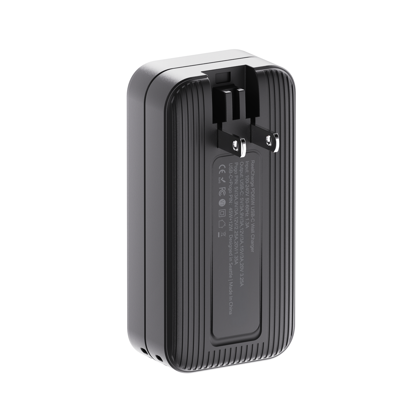 Rear view of the black ReelCharge Fusion 2-in-1 charger with folding wall prongs extended