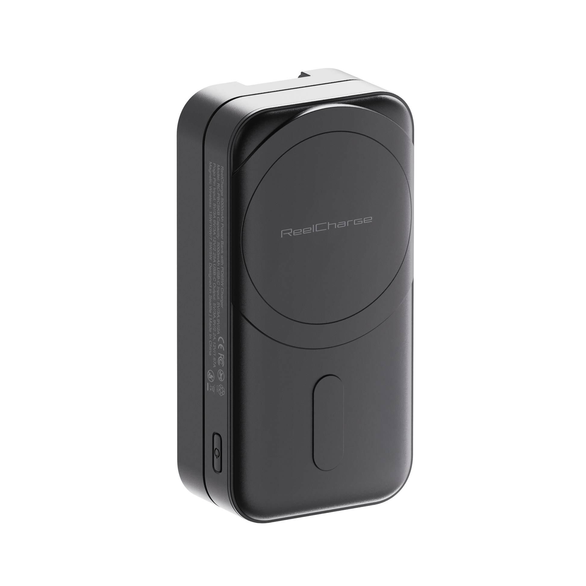 Black ReelCharge Fusion with the magnetic 5,000 mAh power bank attached to the 65W wall charger