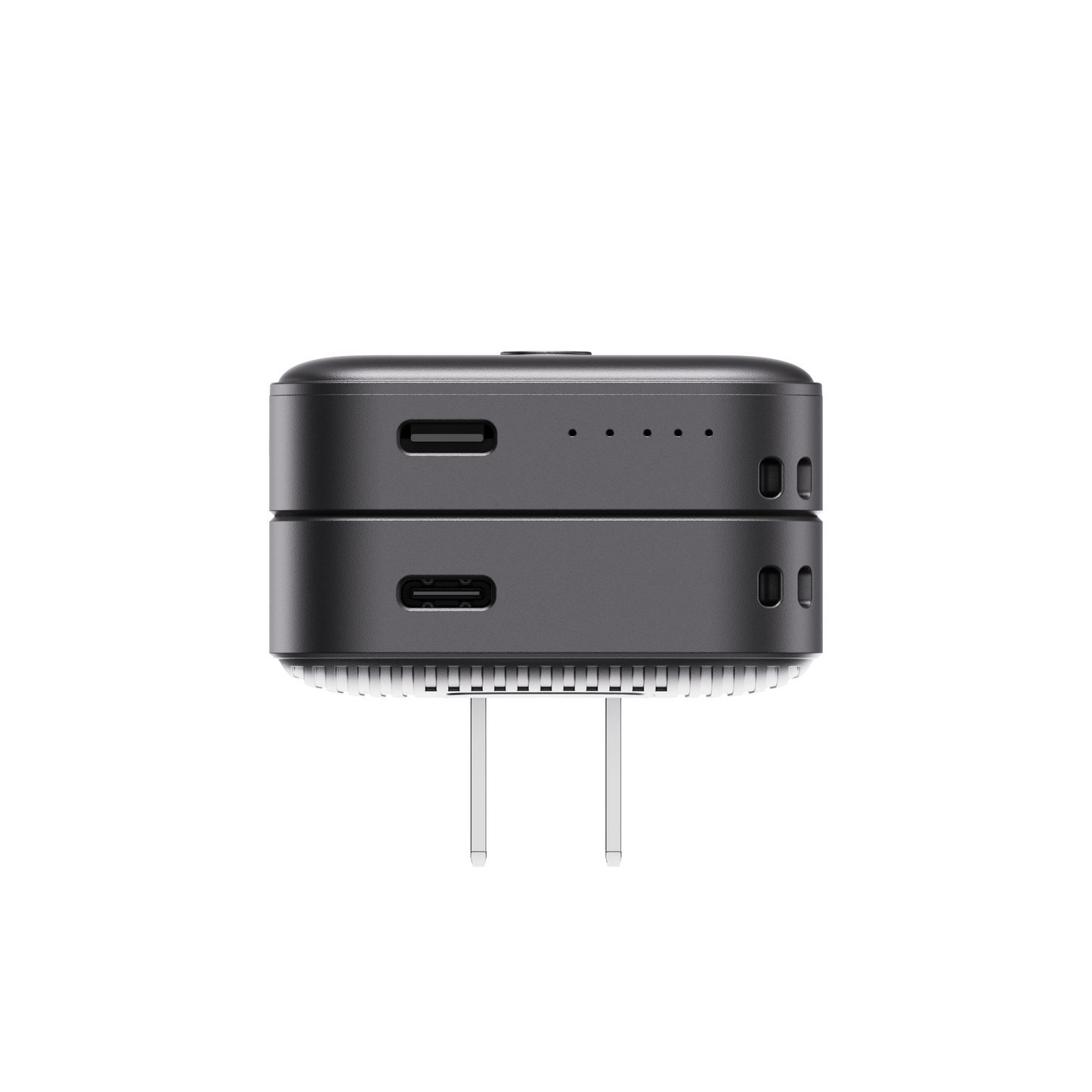 Top-down view of the black ReelCharge Fusion showing dual USB-C ports and folding prongs