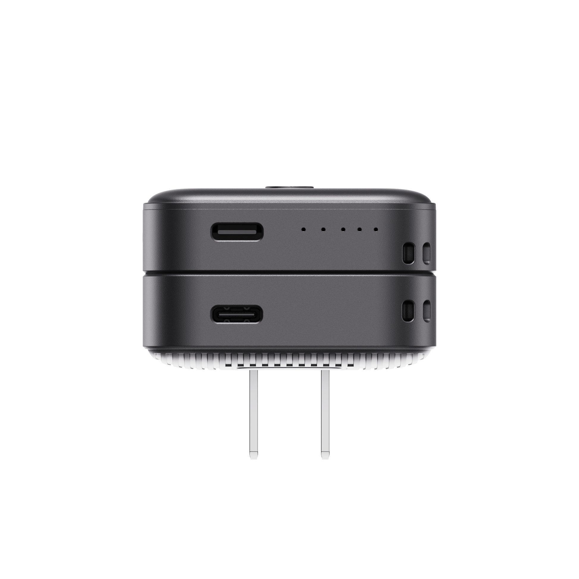 Top-down view of the black ReelCharge Fusion showing dual USB-C ports and folding prongs